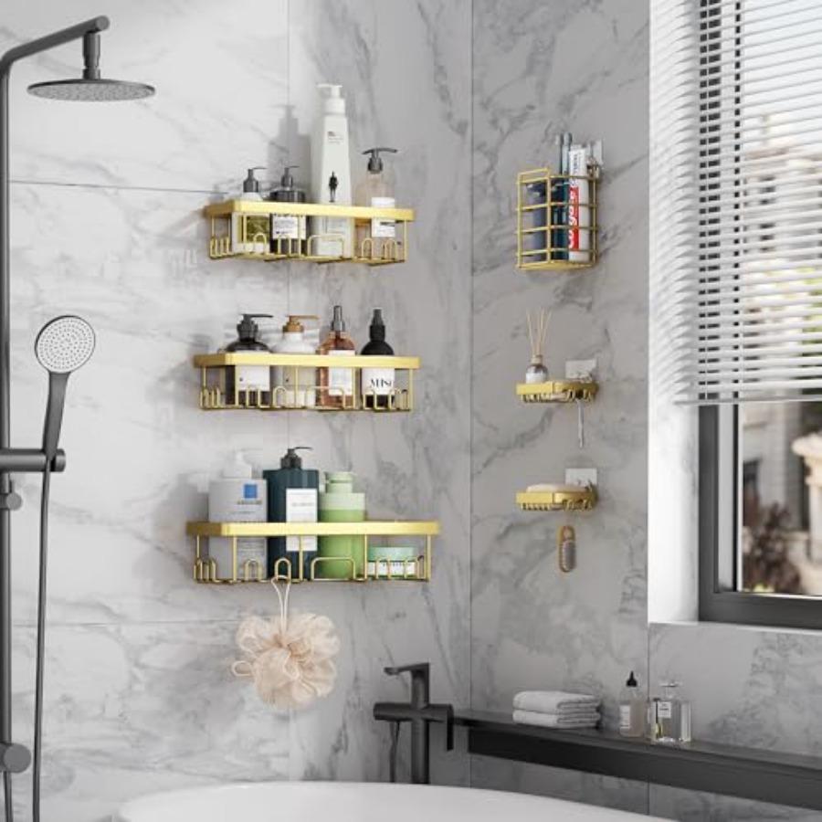 Adhesive Shower Caddy 6-PackGifts for Women Mom Heavy Weight Bearing Large Wall Mounted Bathroom Shelves Rack Organizer Storage