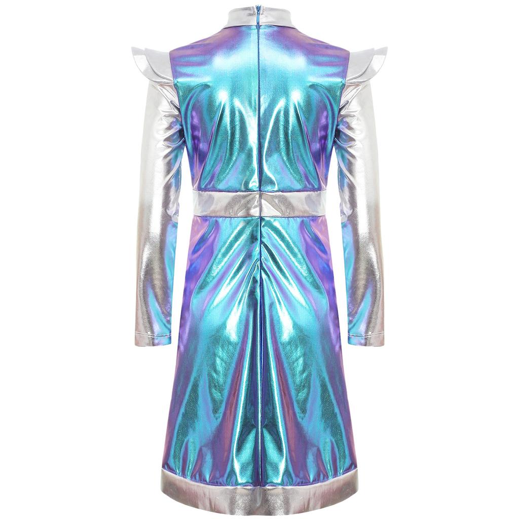 Girls Outer Space Cutie Costume: Shimmering PU Patchwork Alien Dress for Halloween & Sci-Fi Role Play Parties