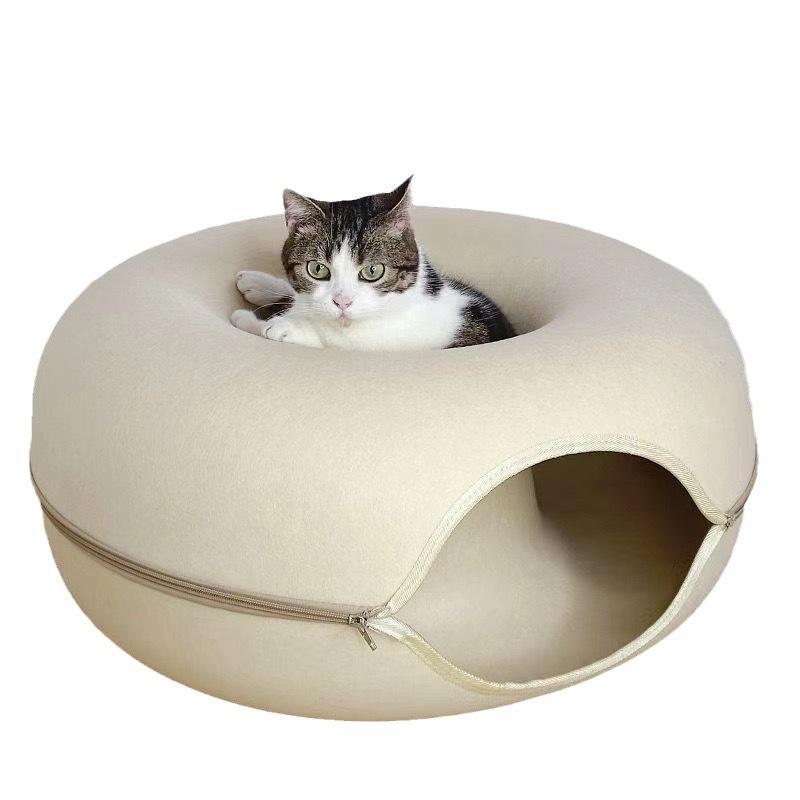 1PC Felt Cat Bed Enclosed Cat Cave with Zipper, Foldable Indoor Cat House, Cozy Donut Shape Pet Bed for Small to Medium Cats