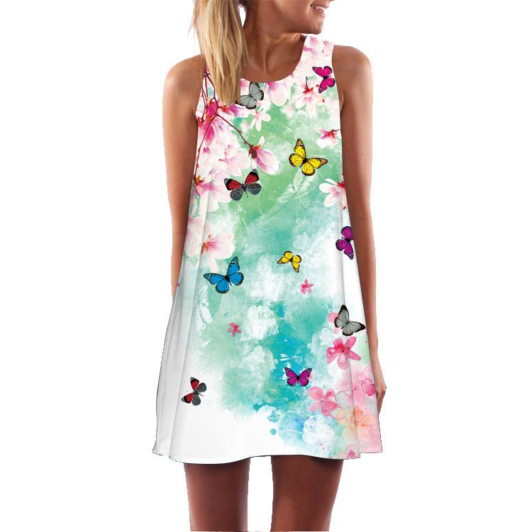 European and American New Digital Printing Round Neck Off-the-shoulder Sleeveless Vest Big Pendulum Loose Medium and Long Dress