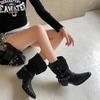 Fashion Vintage Rivet Hottie Woman Knight Boots Shoes Autumn Ladies Elegant Pointed Toe Thick Heel Western Cowboy