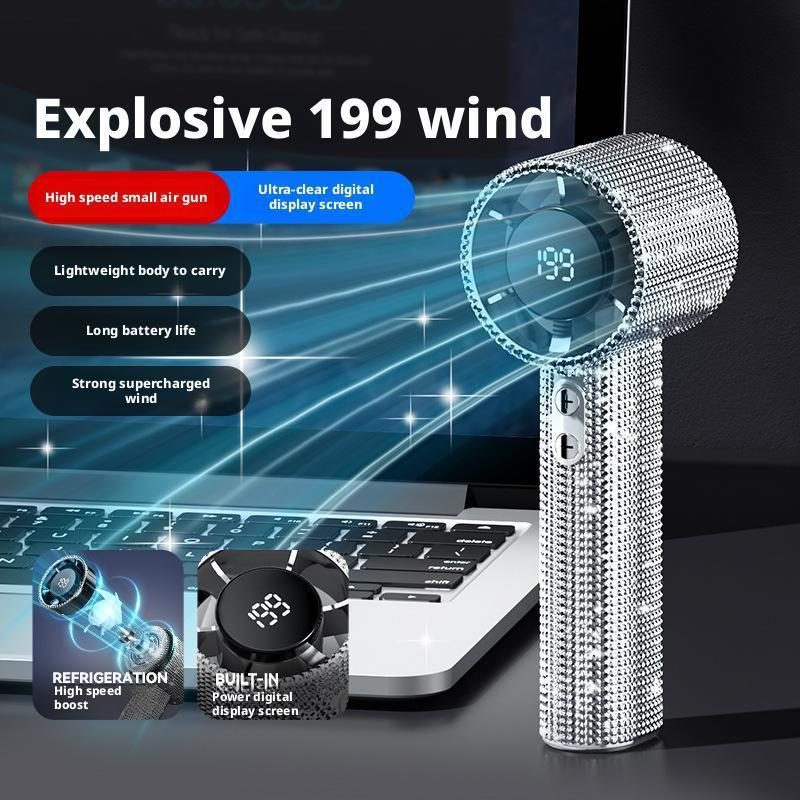 Full Diamond Luxury Craftsmanship Portable Handheld Turbo Fan 3 Gear Wind Long Battery Life With Digital Display