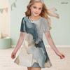 Girls Round Neck Short Sleeve Abstract Marble Printed A Line Flared Dress