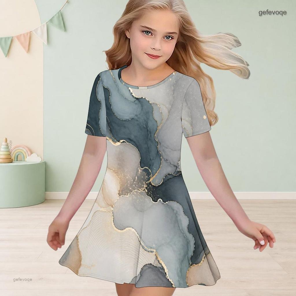 Girls Round Neck Short Sleeve Abstract Marble Printed A Line Flared Dress