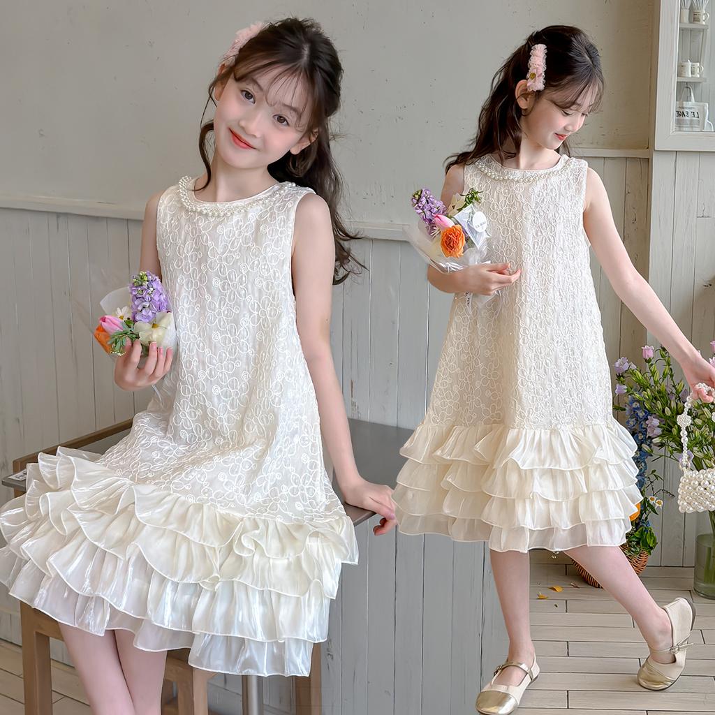 Princess style sleeveless dress 2026 new girls' summer cake skirt with ruffled edges and thin lace stitching