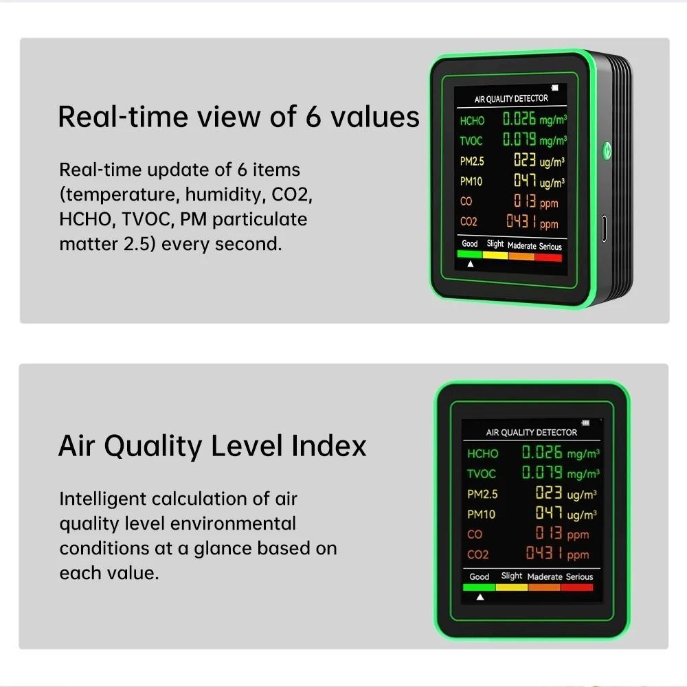 Automatic Display Air Detector 6 in 1 Carbon Dioxide Detector Air Quality Monitor  Travel
