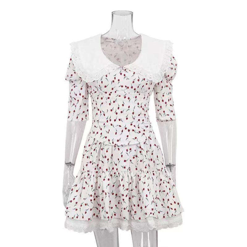 

Fashion Wind Peter Pan Collar Short Sleeve Floral Dress Elegant Cinched Short Dress Doll Neck Floral Dress Beige L
