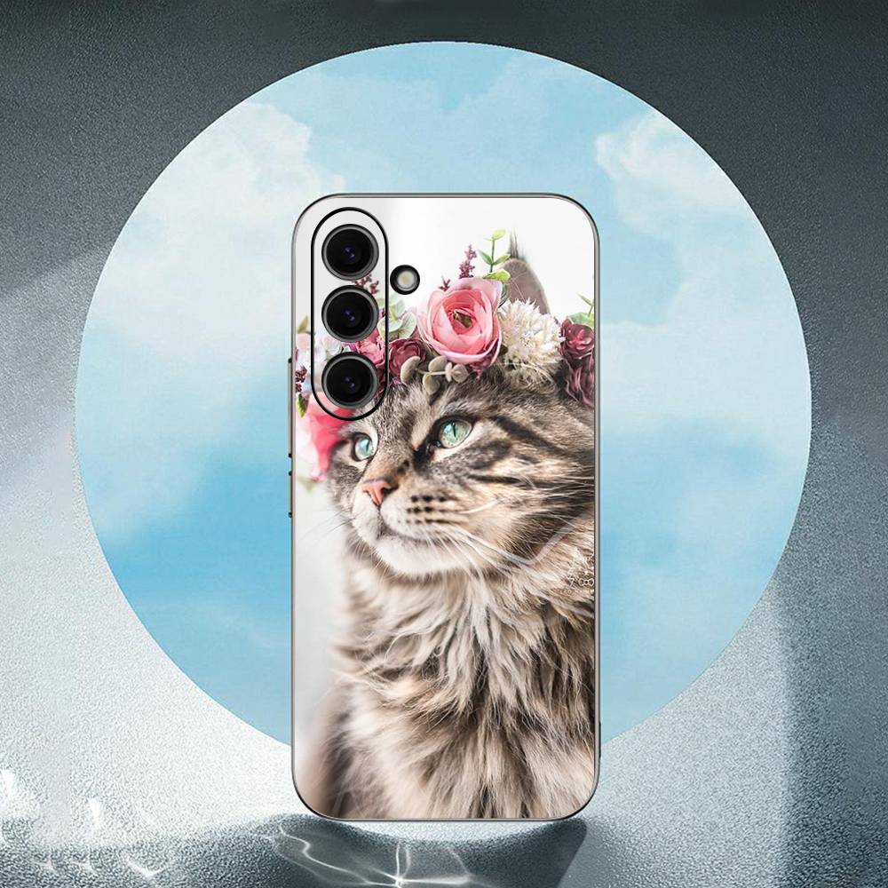 Animal Head Wearing Flowers For Samsung Galaxy S23 S24 S25 Ultra S22 Plus S21 Black Soft Case Waterproof Soft Case