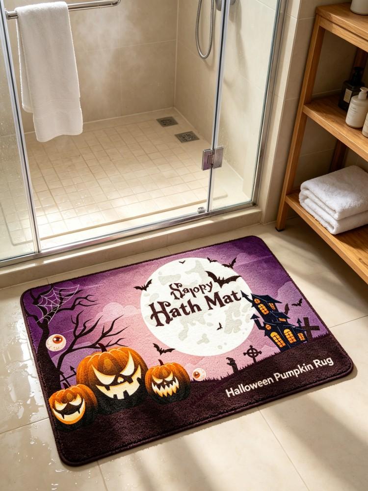 Happy Halloween Bath Mat Pumpkin Ghost House Bat Pattern Non‑Slip Absorbent Floor Rug for Bathroom Entryway Home Halloween Party