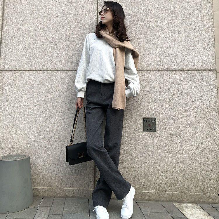 2025 Women s Gray Woolen High-Waisted Wide-Leg Pants: Slimming, Loose Fit for Autumn/Winter M 27