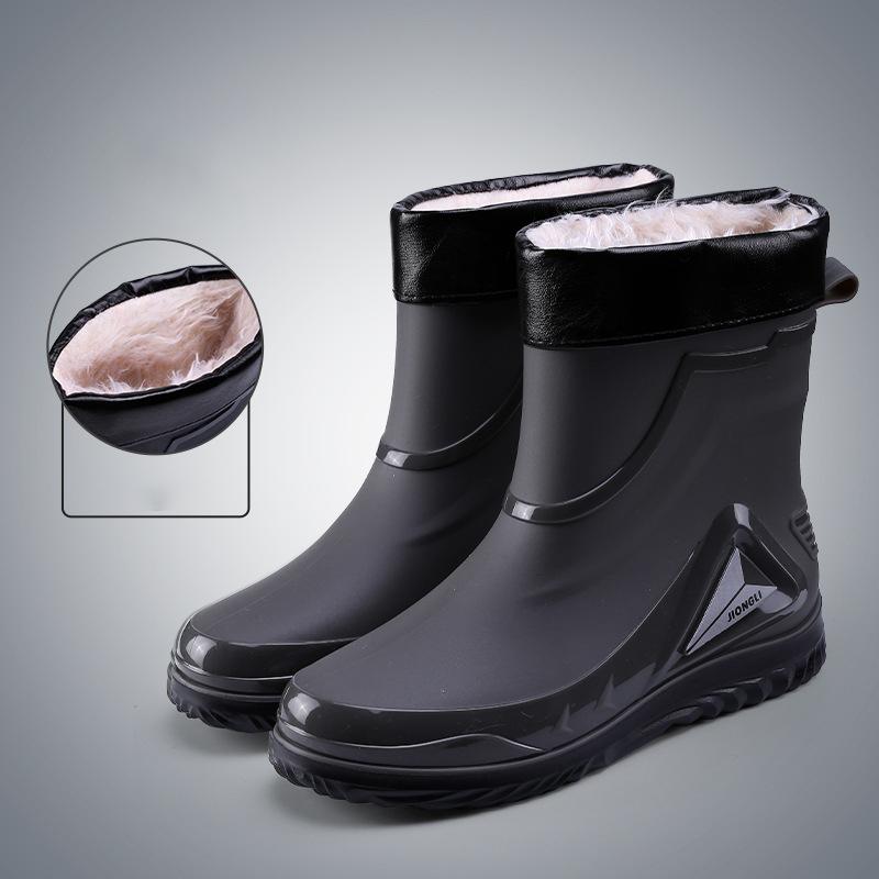 Winter Warm Fur Rain Boots Men's Waterproof Drawstring Shoes Non-Slip Flat Fashion Take Out Rider Autumn Summer Spring Black Red
