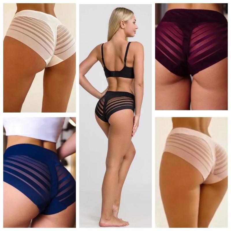 Nahtlose Hohlstreifen-Kontroll-Slips für Damen mit hoher Taille, Eisseide, Po-Lifter-Höschen, Plus-Size-Shapewear