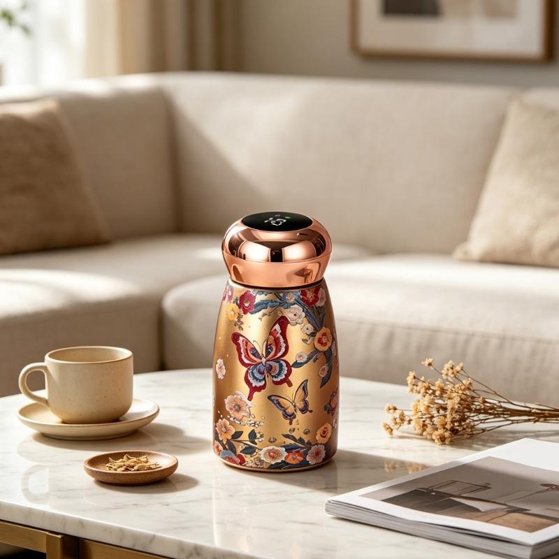 Mini Drink Tumblers with Lid Temperature Display, Stainless Steel Insulated Water Bottle, Decorative Florals Print Finish Vacuum Flask Gift