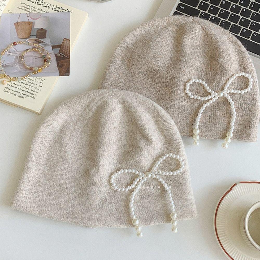 Ear Protector Stacking Knitted Bonnet Cap Solid Color Korean Wool Hat Pearl Bow Beanies Cap  Women