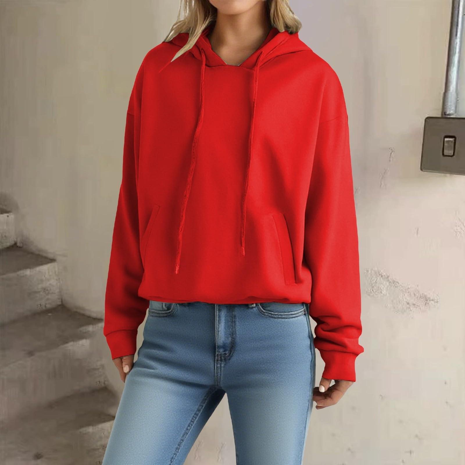 

Женский свободный пуловер с длинными рукавами, кулиской и карманом, худи с капюшоном, однотонный L красный