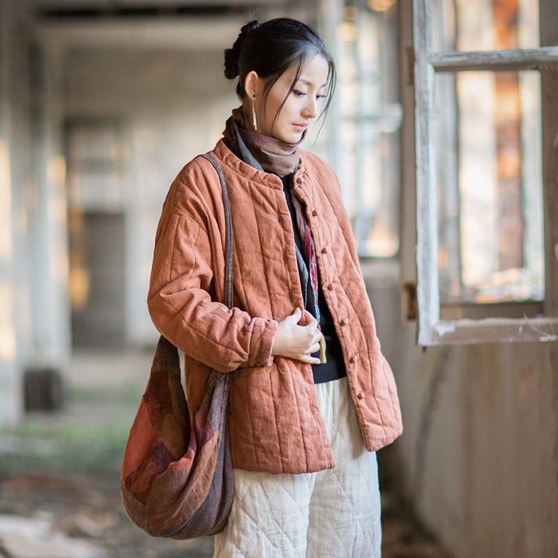 Johnature Women Vintage Winter Stand Long Sleeve Solid Color Coats Button Warm Coats