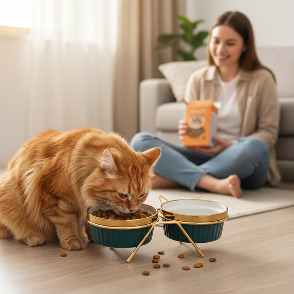 Set of 2 x 300ml double bowl for cat and dog on a stand, ceramic, gold ears, PetJet