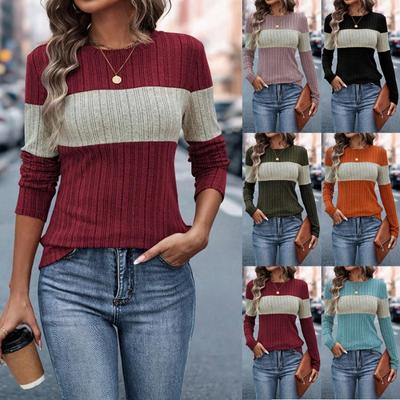 Women's T-Shirt Crew Collar Long-sleeved Color Block Soft Ladies Clothing Top Pullover Casual Basic Tunics Fitted Tees