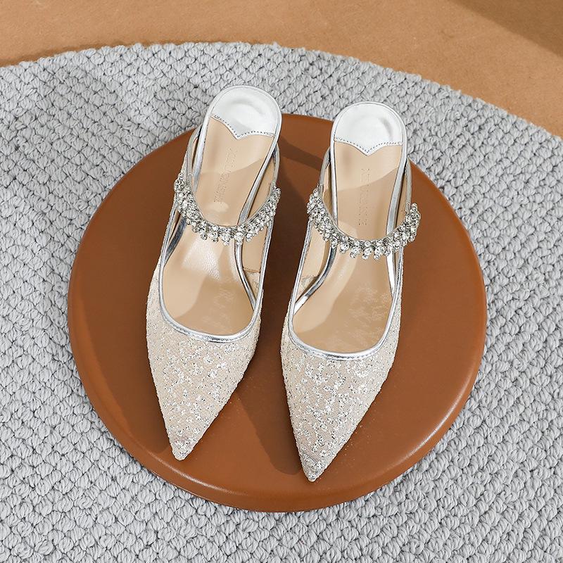 JC Fairy Rhinestone Patent Leather Stiletto Mules: Summer Pointed Toe, Closed Temperament Half-Slippers