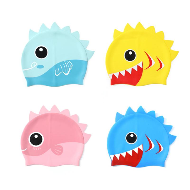 Niedliche Cartoon Fisch Dino Silikon Badekappe für Kinder Ohrenschutz Badehut für Jungen Mädchen Kinder Schwimmbadzubehör
