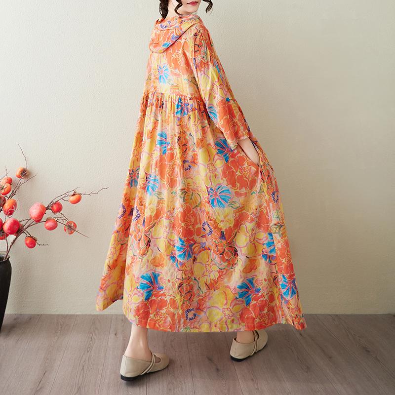 DIMANAF 2025 Summer Women Plus Size Vintage Basic Dress Floral Pleated Casual Long Loose Hooded Dress Maxi