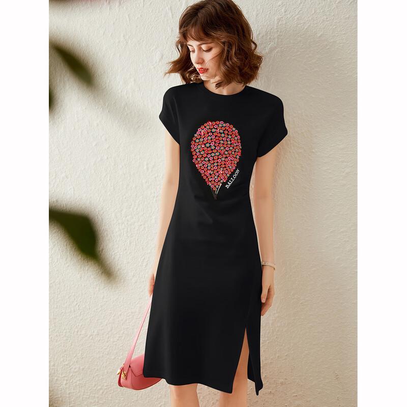 Bailuyu Women s Pleated Slit Embroidered T-Shirt Dress S