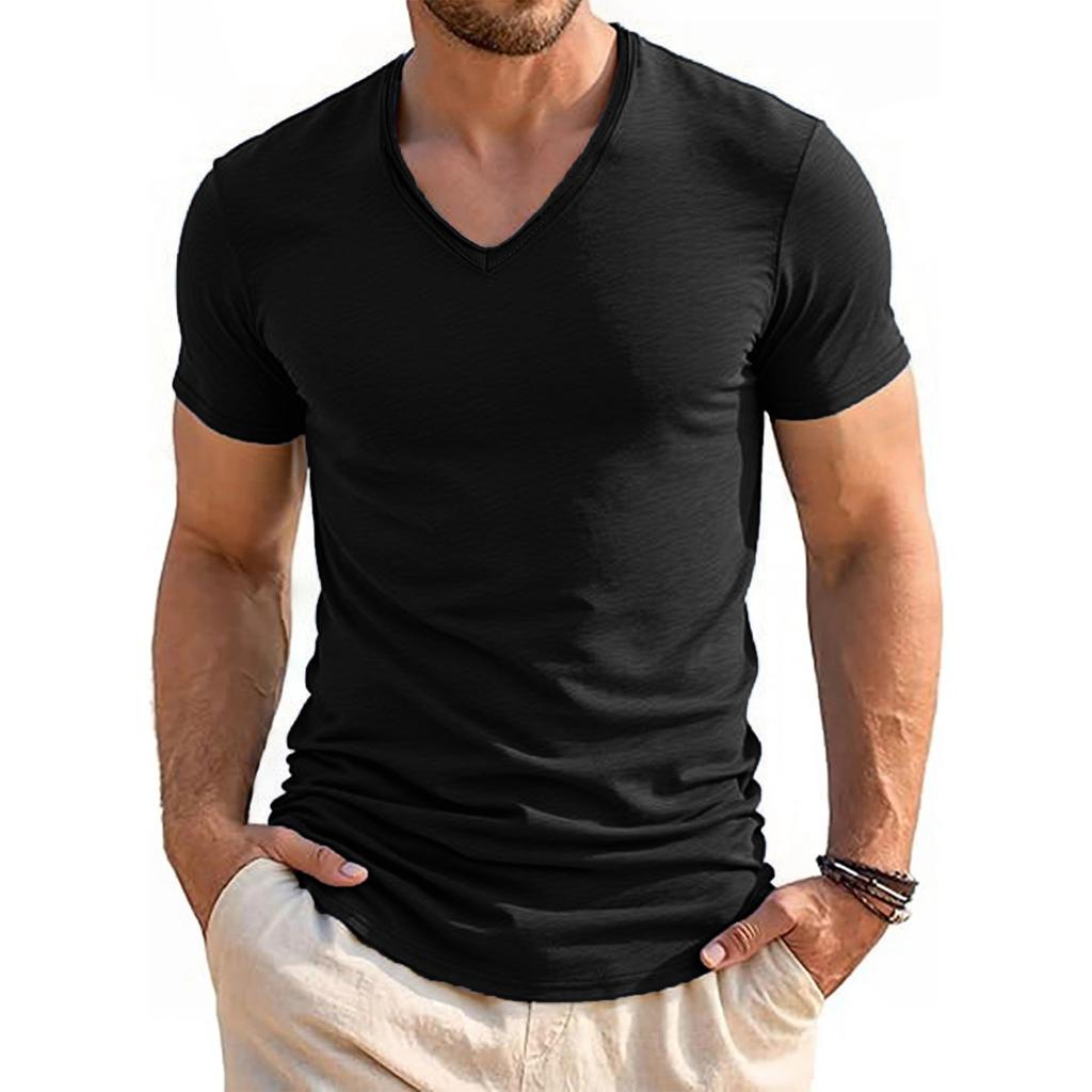 Sommer Strand Herren T-Shirt V-Ausschnitt Slim Fit Reine Farbe Kurzarm Baumwolle Top T-Shirts Männlich Fitness