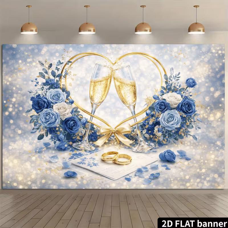 2D Flat Romantic Wedding Banner Blue & Gold Themed Backdrop with Champagne Glasses & Floral Arrangement 47.2x31.5inch/120*80cm