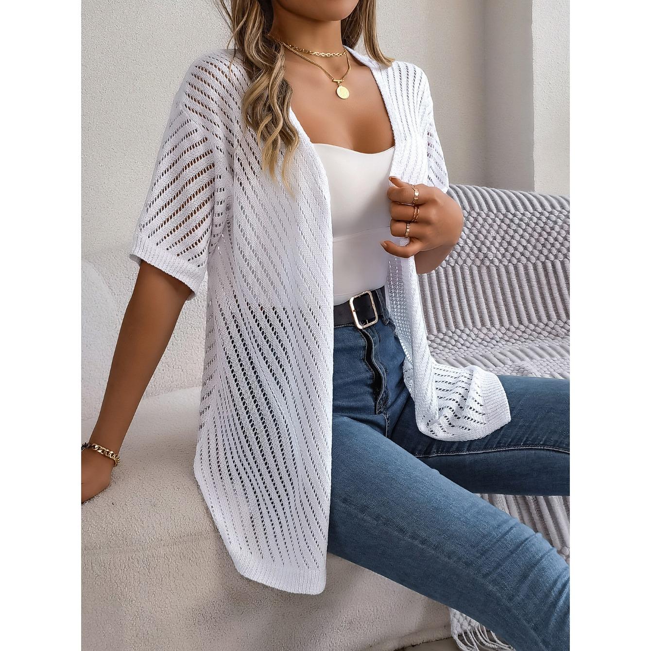 

GMXIA Summer Hollowed-out Short-sleeved Knitted Cardigan for Vacation Sun Protection Women s Wear S белый