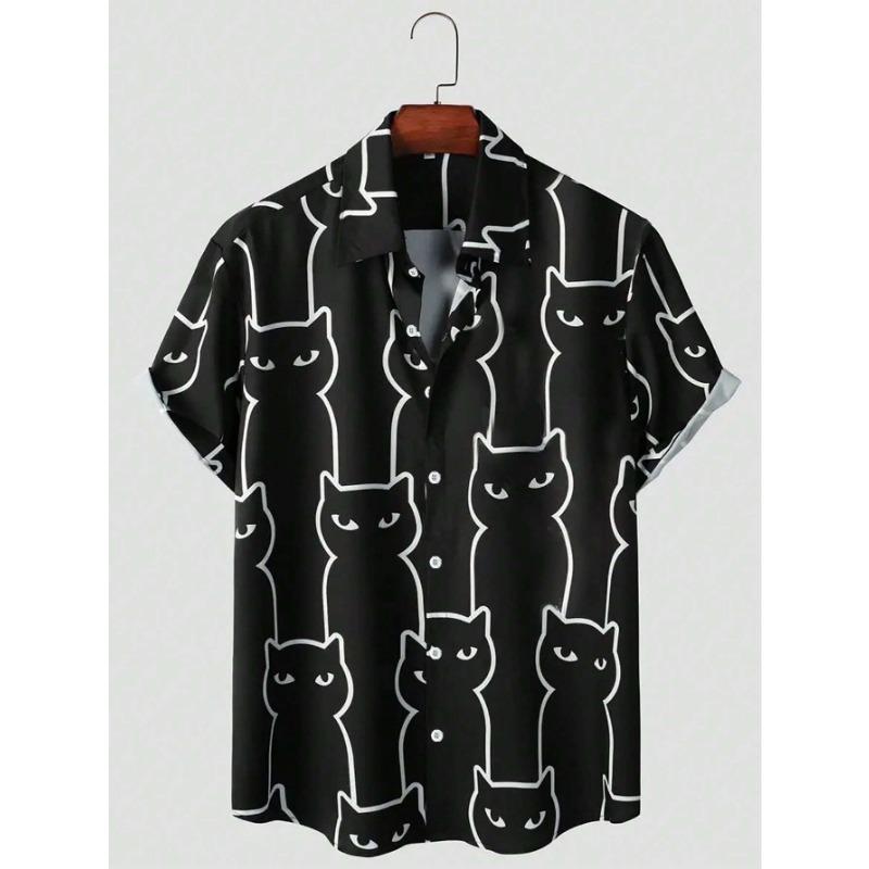 2026 New Fashionable Hawaiian Men's Cute Cat Printed Casual Harajuku Short Sleeved Shirt