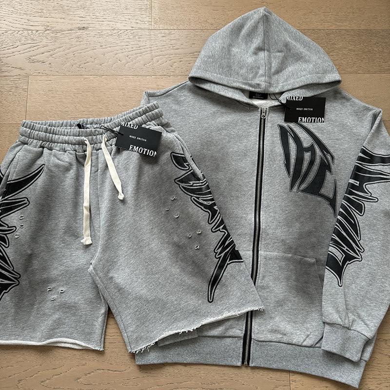 Unisex Rhinestone Zipper Hooded Cardigan & Sweatpants Set with Letter Print.