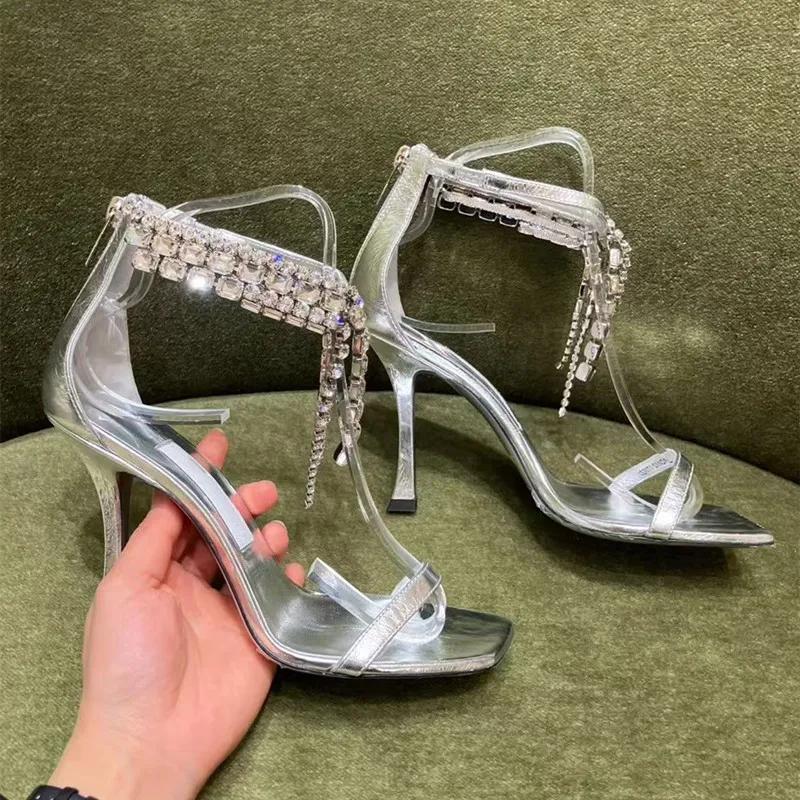 2025 New Luxury Rhinestones Tassels Women Gladiator Sandals Sexy Ankle Strap Crystal Thin High heels Summer Party Wedding Shoes