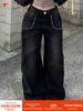Women's Riveted Black Washed Denim Jeans - Casual Loose Straight Leg Pants for Spring/Summer