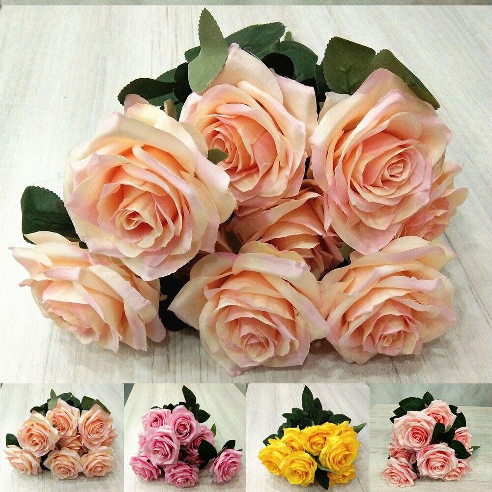 Buy 10 Heads Silk Rose Artificial Flowers Bunch in vase Bouquet Wedding ...