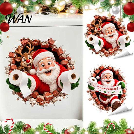 Removable PVC Wall Art Christmas Toilet Stickers, Funny Santa Claus Delivering Tissues Cover Murals Waterproof Lid Tank Seat Decals, Self-Adhesive