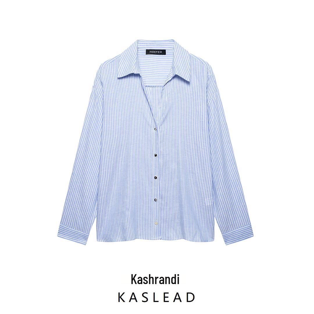 

2025 Spring Women s European & American Striped Linen Blend Shirt XS