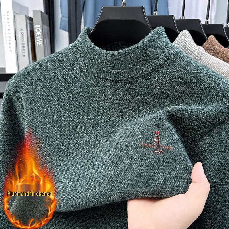 Men's Fleece-Lined Half-High Neck Knitted Sweater - Warm Embroidered Autumn/Winter Base Layer
