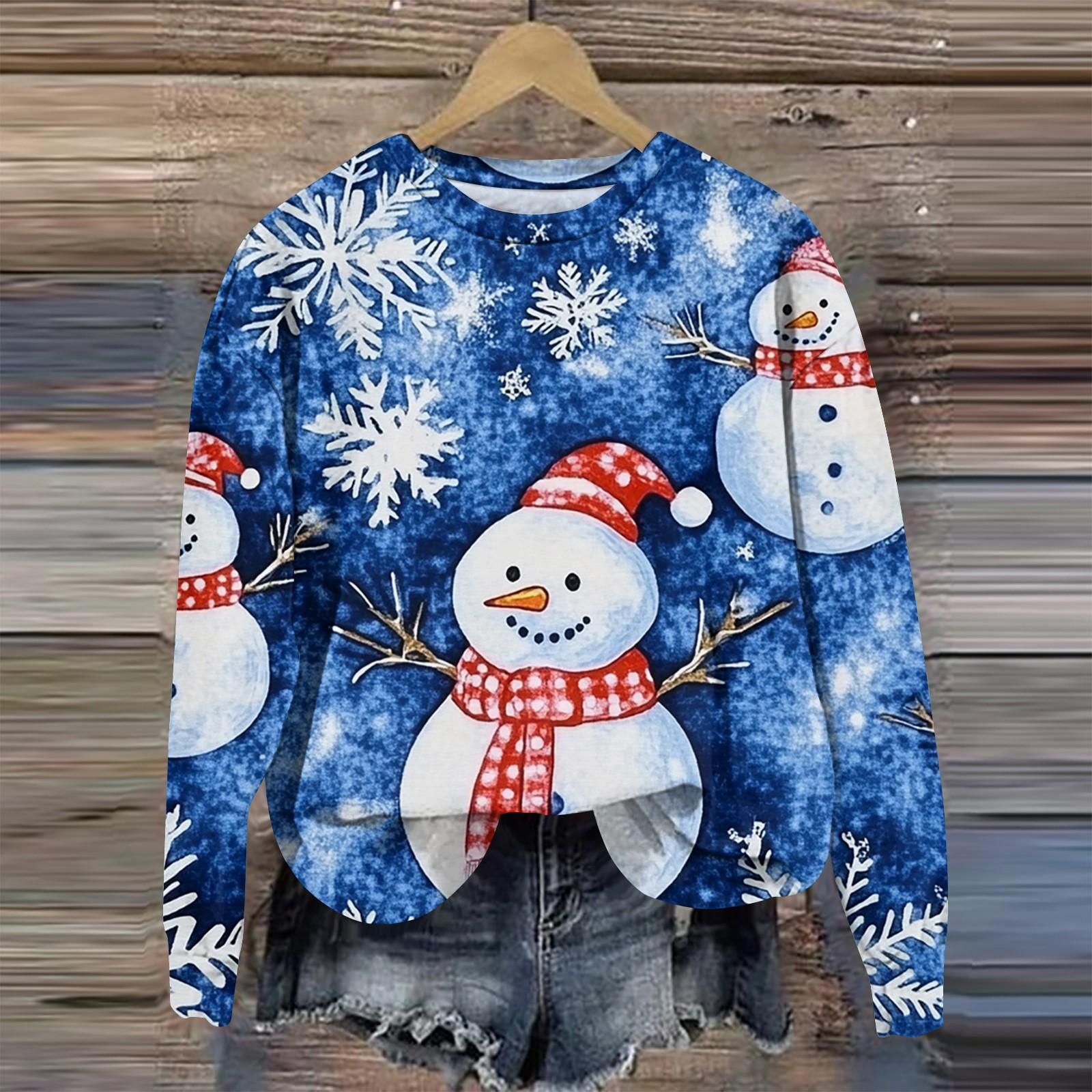 Женская мода круглый вырез пуловер длинный рукав футболка рождественский принт топ M — фото 8