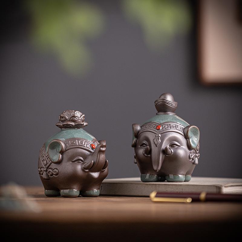 Ceramic Elephant Figurines - Wealth-Bringing Home Decor for Living Room, Wine Cabinet, or Foyer.