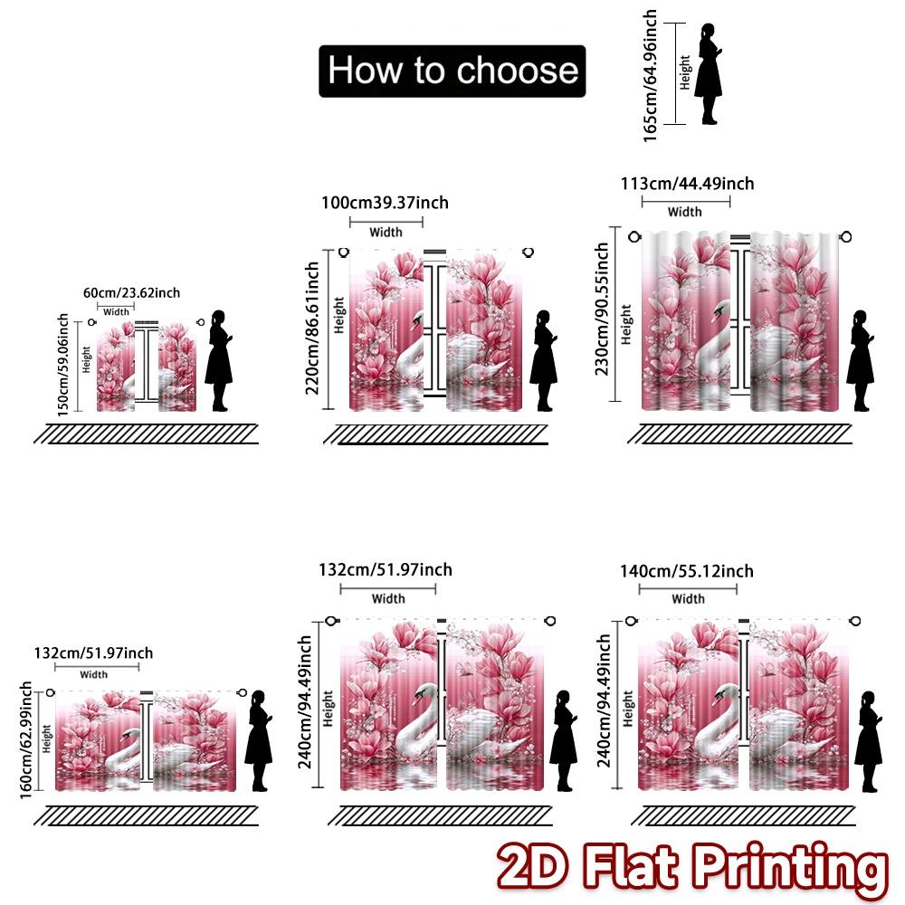 2D flat printing 2pcs Curtain Party Curtain Romantic Swan with Flowers Digital Printed Polyester Drapes Party Decorations for