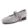 Fashion Crystal Studded Mesh Breathable Shoes Fashion Square Head Shallow Mouth Mary Jane Shoes Elegant Office Ladies Low Heel Pumps