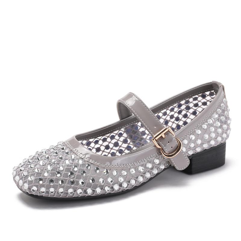 Fashion Crystal Studded Mesh Breathable Shoes Fashion Square Head Shallow Mouth Mary Jane Shoes Elegant Office Ladies Low Heel Pumps