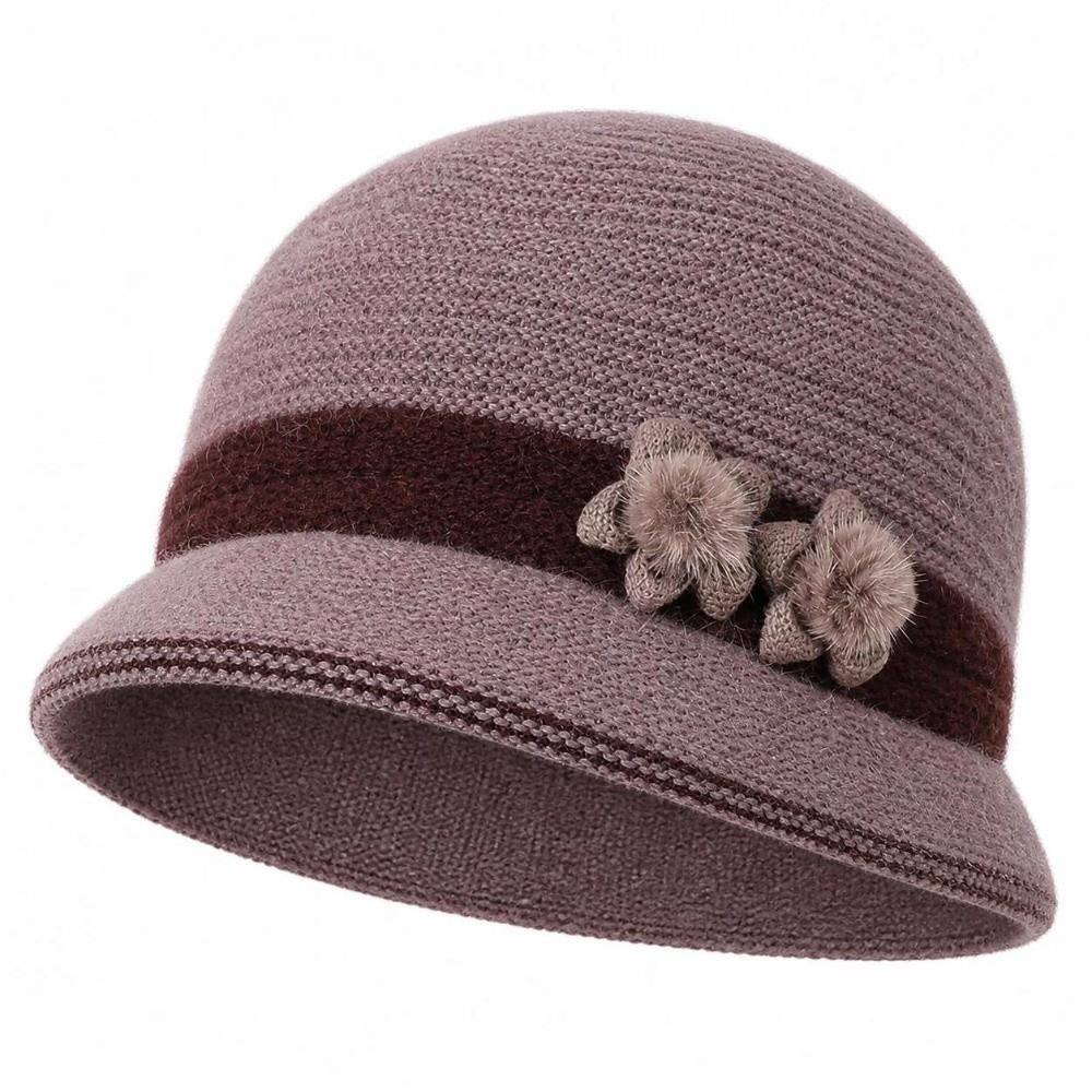 Windproof Floral Decor Hat Warm Knit Basin Cap Fashion Middle-aged Elderly Bucket Hat Winter