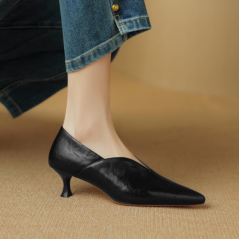 Fashion 2024 Spring New Split Leather Women Shoes LEISURE Women Slip-On Pumps High Heels Pointed Toe Heels Shoes Office Ladies Shoes