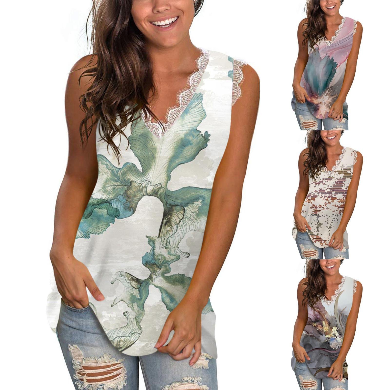 

Женские летние повседневные свободные футболки без рукавов с v-образным вырезом и принтом, топы на бретелях