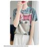 2026 Summer New Women's Round Neck Loose Tie-Dye Cartoon Cat Print Short Sleeve T-Shirt Top