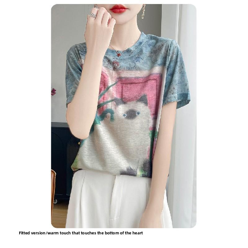 2026 Summer New Women's Round Neck Loose Tie-Dye Cartoon Cat Print Short Sleeve T-Shirt Top