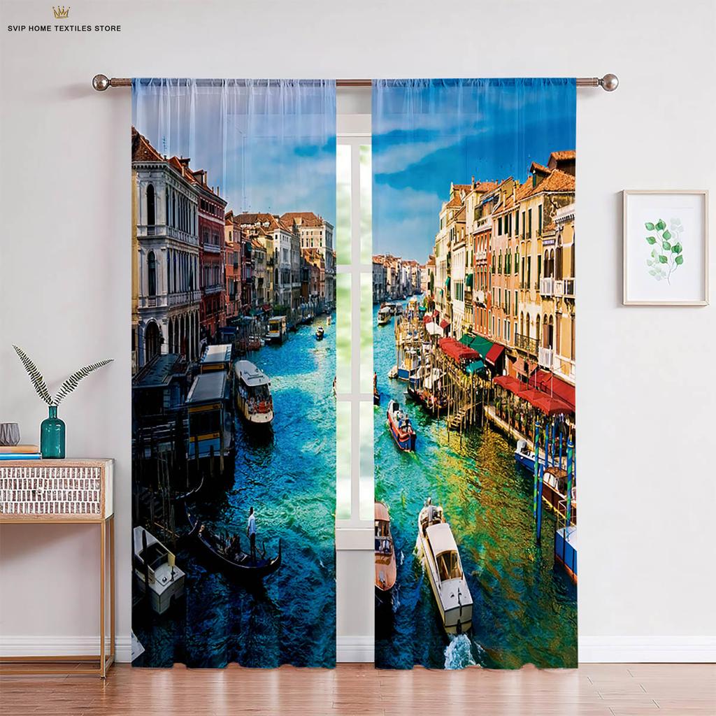 3D City Building Scenery Printing Window, Bedroom, Living Room, Kitchen Curtain, Home Decoration, 2 Pieces