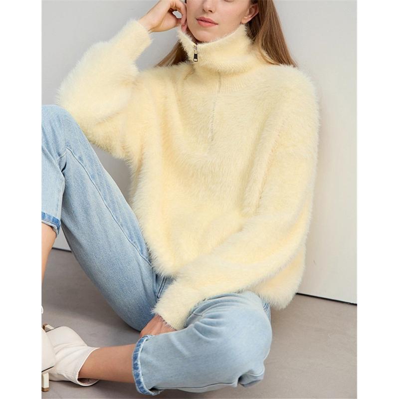 Imitation Mink Turtleneck Women's Knitwear Autumn Winter Half-Zip Sweater Drop Shoulder Knitted Pullover Top