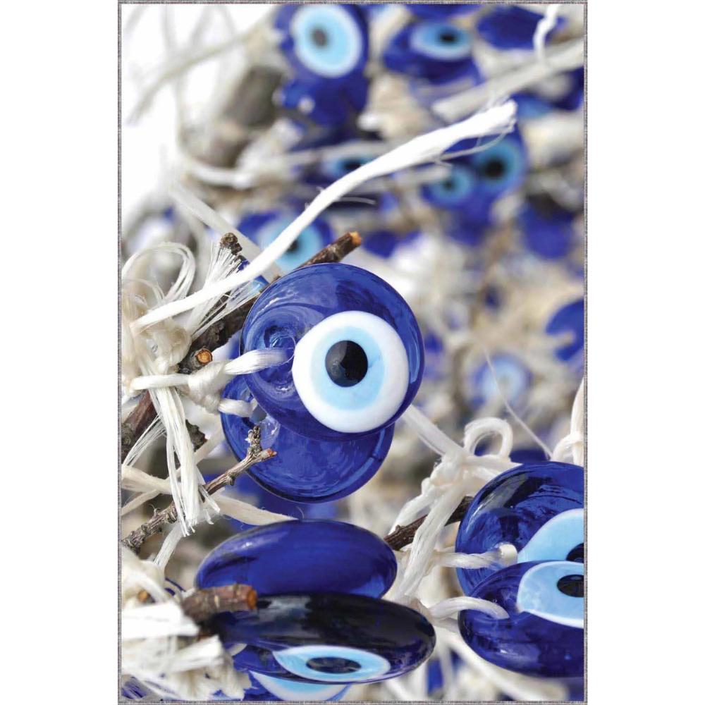 Blauer, mit bösem Blick gemusterter, rutschfester 3D-Teppich